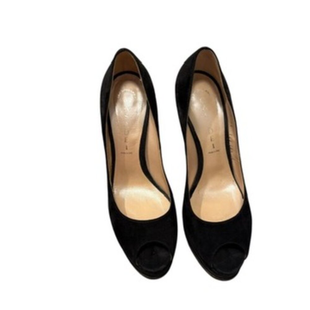 Casadei Peep toe platform pumps black suede Wood Heel Patent 8.5 6" heel 150mm